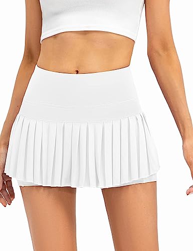 Ycfish Damen Tennisrock mit Hose Plissierter Minirock Sportrock Golfrock Tennis Golf Sport Workout Laufrock Sommerrock mit Taschen White L-Tag DE M von Ycfish