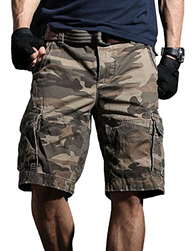 Herren Camo Cargo Shorts 10" Schrittnaht mit Mehreren Taschen 100% schwere Baumwolle Color Graue Tarnung Size 38 von Ychnaim
