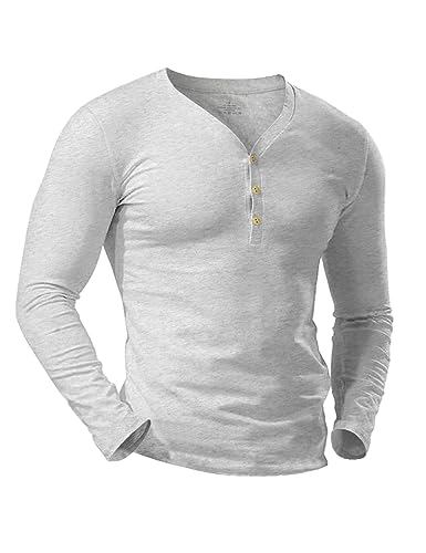 Herren Langarm Henley Hemden schmale Passform und tiefer V-Ausschnitt Color Hellgrau Size L von Ychnaim