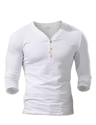 Herren Langarm Henley Hemden schmale Passform und tiefer V-Ausschnitt Color Weiß Size L von Ychnaim