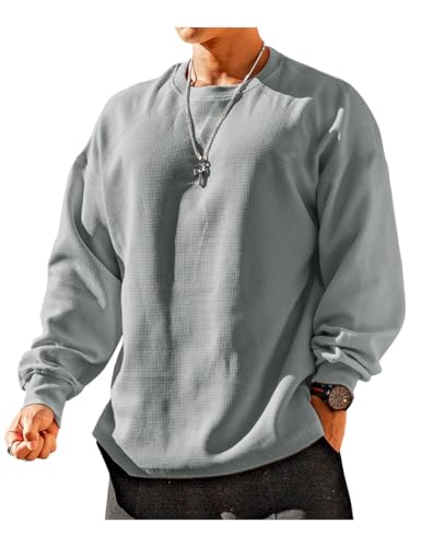 Herren Loose Fit Waffel Langarm Sweatshirts Klassischer Rundhalspullover Color Grau Size M von Ychnaim