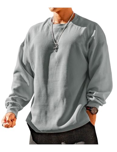 Herren Loose Fit Waffel Langarm Sweatshirts Klassischer Rundhalspullover Color Grau Size XXL von YCHSXAIZ
