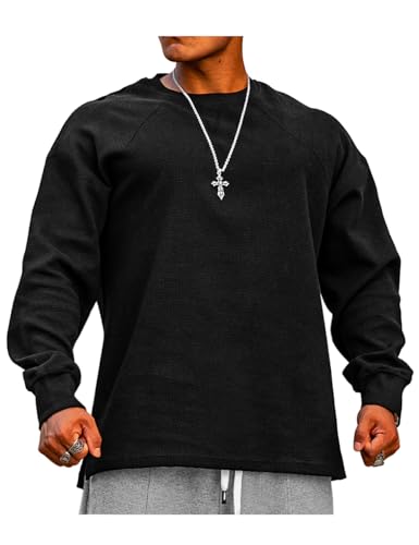 Herren Loose Fit Waffel Langarm Sweatshirts Klassischer Rundhalspullover Color Schwarz Size L von YCHSXAIZ