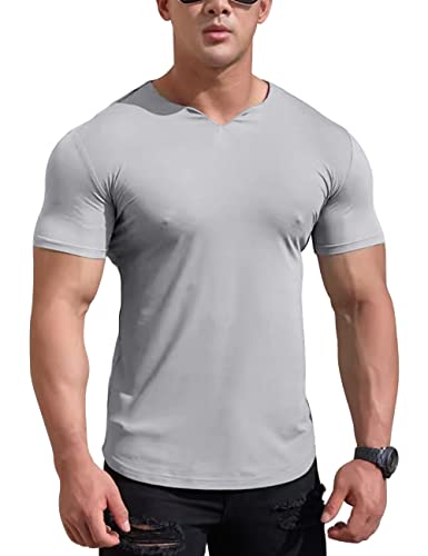 Herren Mesh Athletic T-Shirts mit geteiltem V-Ausschnitt für Fitnesstraining Bodybuilding Color Grau Size L von Ychnaim