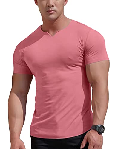 Herren Mesh Athletic T-Shirts mit geteiltem V-Ausschnitt für Fitnesstraining Bodybuilding Color Rosa Size XXL von Ychnaim