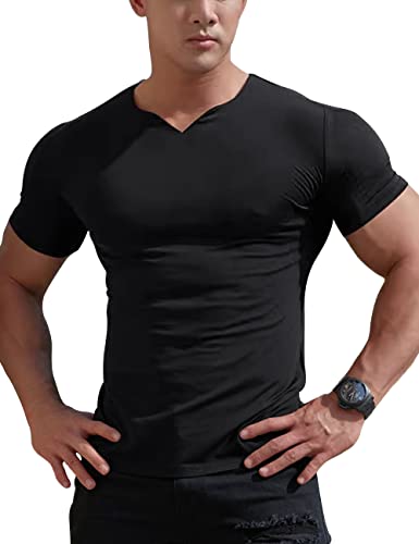 Herren Mesh Athletic T-Shirts mit geteiltem V-Ausschnitt für Fitnesstraining Bodybuilding Color Schwarz Size XXL von Ychnaim