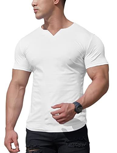 Herren Mesh Athletic T-Shirts mit geteiltem V-Ausschnitt für Fitnesstraining Bodybuilding Color Weiß Size L von YCHSXAIZ