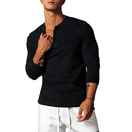 Ychnaim Herren Slub Henley T-Shirts Lässiges Langarmshirt Weicher Komfort Normale Passform Color Schwarz Size M von Ychnaim