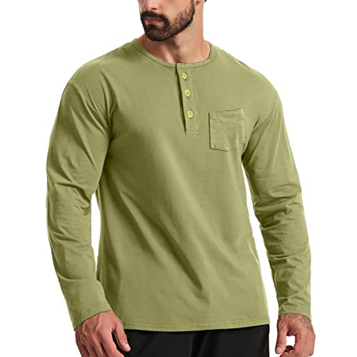 Herrenmode Henley-Hemden Baumwolle Lässiges Langarm-T-Shirt mit Knopf und Tasche Color Grün Size L von Ychnaim