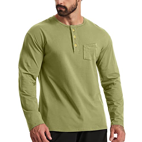 Herrenmode Henley-Hemden Baumwolle Lässiges Langarm-T-Shirt mit Knopf und Tasche Color Grün Size XL von Ychnaim