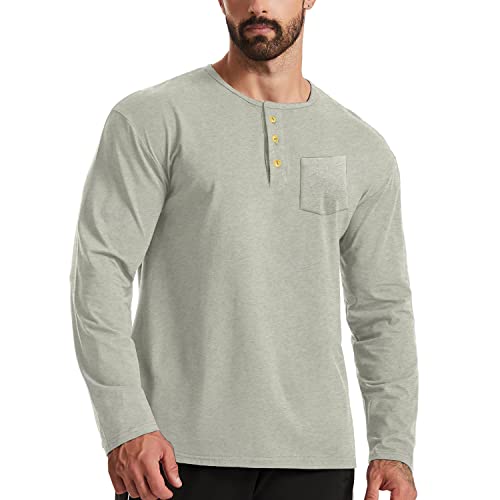 Herrenmode Henley-Hemden Baumwolle Lässiges Langarm-T-Shirt mit Knopf und Tasche Color Hellgrau Size XL von Ychnaim
