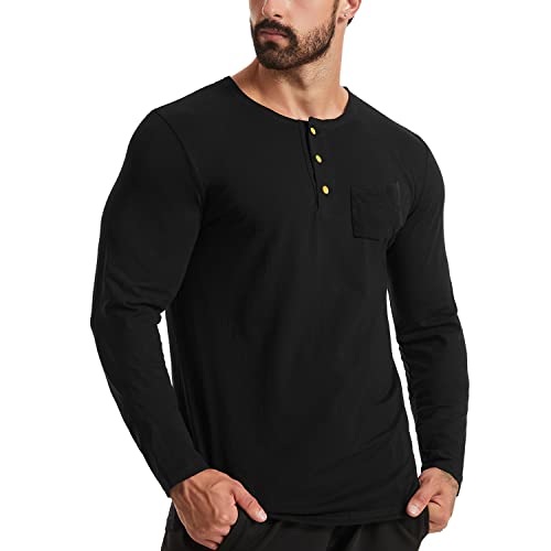 Herrenmode Henley-Hemden Baumwolle Lässiges Langarm-T-Shirt mit Knopf und Tasche Color Schwarz Size L von Ychnaim