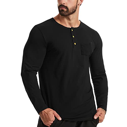 Herrenmode Henley-Hemden Baumwolle Lässiges Langarm-T-Shirt mit Knopf und Tasche Color Schwarz Size M von Ychnaim