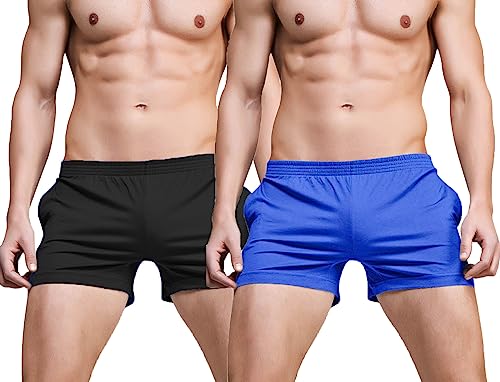 Ychnaim Herren-Laufshorts mit 7,6 cm Schrittlänge, leicht, für Fitnessstudio, Sport, Workout, Training, Baumwolle, lässige Shorts mit schrägen Taschen, Schwarz/Blau, Mittel von Ychnaim