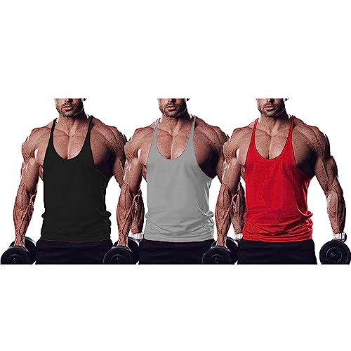 Ychnaim Herren Muscle Gym Stringer Tank Tops für Workout Bodybuilding Sportweste Racerback Baumwolle Color Schwarz+Grau+rot Size L von Ychnaim