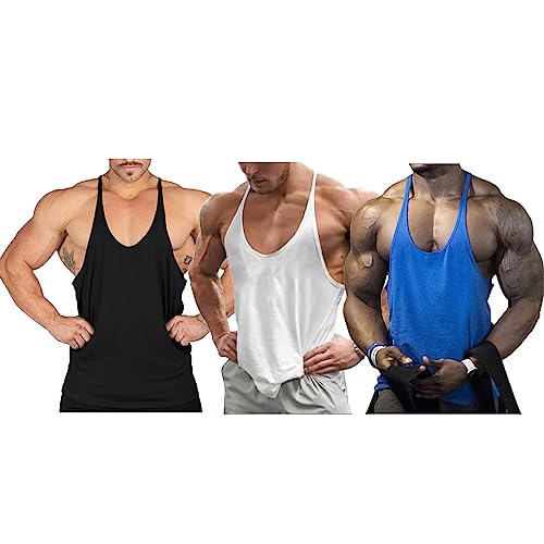 Ychnaim Herren Muscle Gym Stringer Tank Tops für Workout Bodybuilding Sportweste Racerback Baumwolle Color Schwarz+Weiß+Blau Size M von Ychnaim