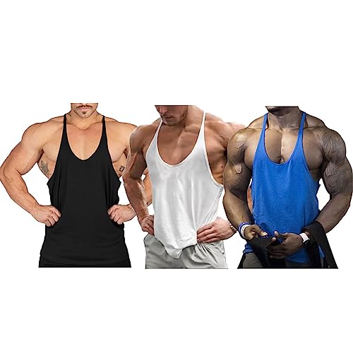 Ychnaim Herren Muscle Gym Stringer Tank Tops für Workout Bodybuilding Sportweste Racerback Baumwolle Color Schwarz+Weiß+Blau Size S von Ychnaim