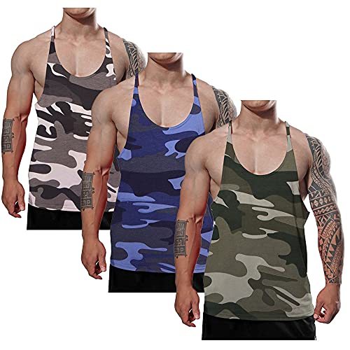 Ychnaim Herren Muscle Gym Stringer Tank Tops für Workout Bodybuilding Sportweste Racerback Baumwolle Color Schwarz/Blau/Grün+Tarnung Size L von Ychnaim