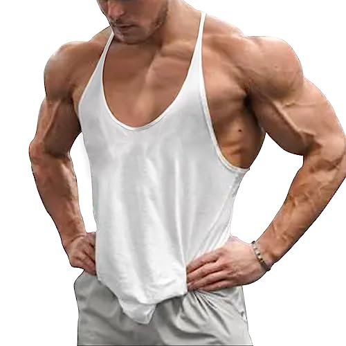 Ychnaim Herren Muscle Gym Stringer Tank Tops für Workout Bodybuilding Sportweste Racerback Baumwolle Color Weiß Size L von Ychnaim