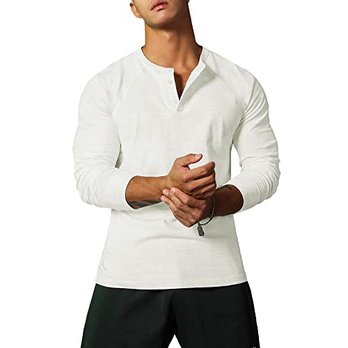 Ychnaim Herren Slub Henley T-Shirts Lässiges Langarmshirt Weicher Komfort Normale Passform Color Weiß Size XXL von Ychnaim