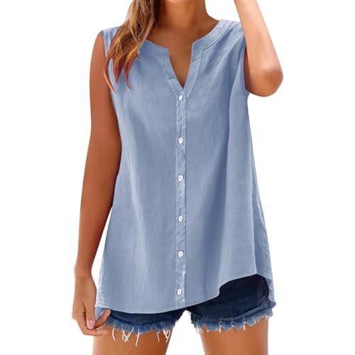 Musselin Bluse Ydsxlp Damen Summer Elegant Einfarbig Ärmellose Leinenbluse Große Größen Locker Blusenshirt Hemd Casual V-Ausschnitt Hemdbluse mit Knöpfen Bequeme Leichte Longbluse Tops(A Hellblau,3XL) von Ydsxlp