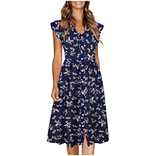 Sommerkleid Damen Ydsxlp Knielang A Linie Kleider Elegant Blumen Drucken Blusenkleid Sommer V-Ausschnitt Kurzarm Tunika Kleider mit Kordelzug Freizeitkleid Knöpfen Hemdenkleid Shortkleid(B Marine,XXL) von Ydsxlp