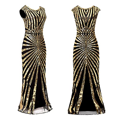 Ydsxlp Abendkleid Damen 1920er Jahre Flapper Kleider Ballkleid Bodenlänge V-Rücken Pailletten verschönert Abschlussball Meerjungfrau Cocktailkleid Partykleid (C Gold, M) von Ydsxlp