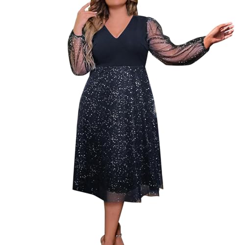 Ydsxlp Abendkleider Damen V-Ausschnitt Mesh Langarm Pailletten Kleid Elegant Damen Glitzerkleid Ballkleid Große Größe Damen A-Linie Mini Kleider Tüllkleid Festlichkleid Party Outfit(A Marineblau,3XL) von Ydsxlp