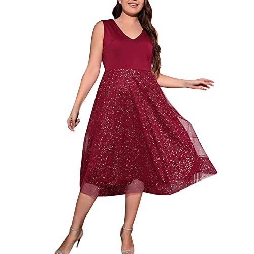Ydsxlp Abendkleider Damen V-Ausschnitt Mesh Langarm Pailletten Kleid Elegant Damen Glitzerkleid Ballkleid Große Größe Damen A-Linie Mini Kleider Tüllkleid Festlichkleid Party Outfit(C Rot,4XL) von Ydsxlp