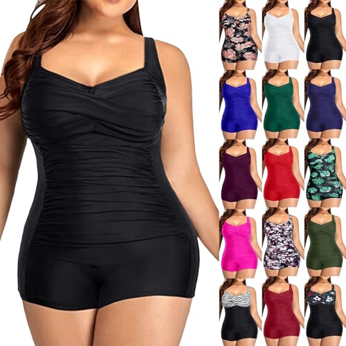 Ydsxlp Badeanzüge Damen Push Up Monokini Große Größen V-Ausschnitt Bauchweg Einteilige Badeanzug Basic Einfarbig Bauchkontrolle Badeanzug Geraffte Wickeloptik Strandmode Schwimmanzug(A Schwarz,5XL) von Ydsxlp
