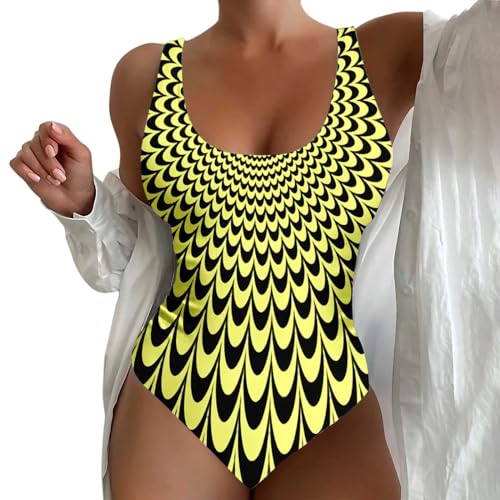 Ydsxlp Badeanzug Damen Sommer Gestreift Print Bauchweg Einteiler Bademode Figurformend Sportbadeanzüge Große Größe Einteilige Badeanzug mit Breite Schultergurte für Damen(B Gelb,4XL) von Ydsxlp