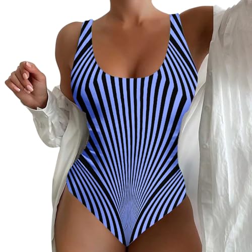 Ydsxlp Badeanzug Damen Sommer Gestreift Print Bauchweg Einteiler Bademode Figurformend Sportbadeanzüge Große Größe Einteilige Badeanzug mit Breite Schultergurte für Damen(C Blau,4XL) von Ydsxlp