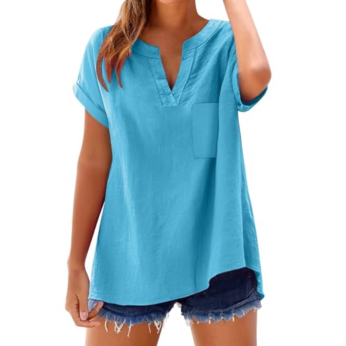 Ydsxlp Baumwolle Leinen Bluse Damen Elegante Einfarbig Kurzarm Tshirt Große Größen Locker Blusen Tuniken für Damen Casual V-Ausschnitt Longbluse Oversized Leinenhemd Longshirt(C Himmelblau,4XL) von Ydsxlp