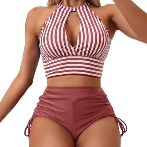 Ydsxlp Bikini Set Damen Push Up Zweiteiliger Badeanzug Knopfdetail Bikini Oberteil mit Hotpants V-Ausschnitt Bauchkontrolle Bademode Strandkleidung Hohe Taille Bikinihose für Frauen(B Rot,L) von Ydsxlp