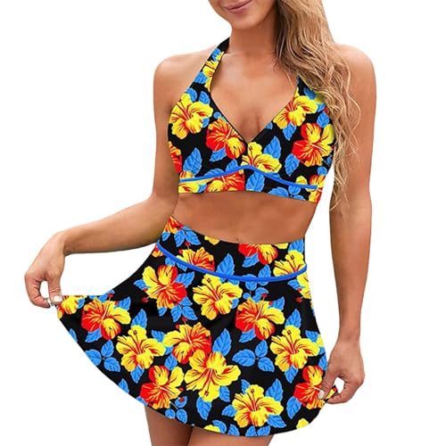 Ydsxlp Bikini Set Damen Push Up Zweiteiliger Badeanzug Knopfdetail Bikini Oberteil mit Hotpants V-Ausschnitt Bauchkontrolle Bademode Strandkleidung Hohe Taille Bikinihose für Frauen(F Gelb,3XL) von Ydsxlp