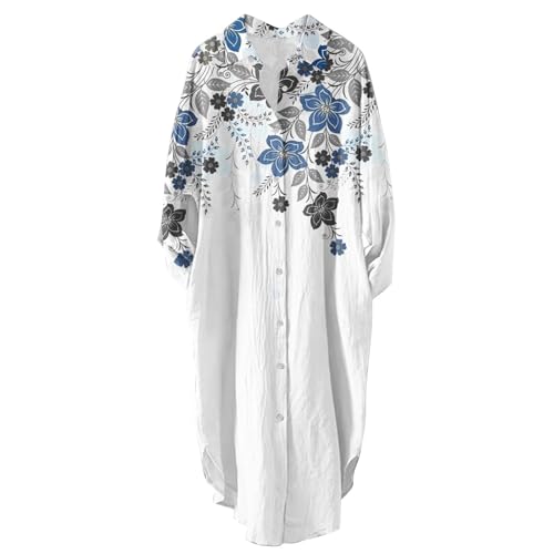 Ydsxlp Blusekleid Damen Große Größen Shirtkleid Sommer Blumen Drucken Langarm Midi Kleider Casual V-Ausschnitt mit Knöpfen Revers Hemdkleid Bequeme Locker Freizeitkleider(E Grau,XL) von Ydsxlp