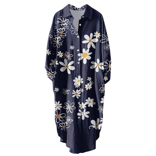 Ydsxlp Blusekleid Damen Große Größen Shirtkleid Sommer Blumen Drucken Langarm Midi Kleider Casual V-Ausschnitt mit Knöpfen Revers Hemdkleid Bequeme Locker Freizeitkleider(F Dunkelblau,XL) von Ydsxlp