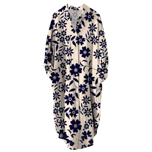 Ydsxlp Blusekleid Damen Große Größen Shirtkleid Sommer Blumen Drucken Langarm Midi Kleider Casual V-Ausschnitt mit Knöpfen Revers Hemdkleid Bequeme Locker Freizeitkleider(K Dunkelblau,3XL) von Ydsxlp