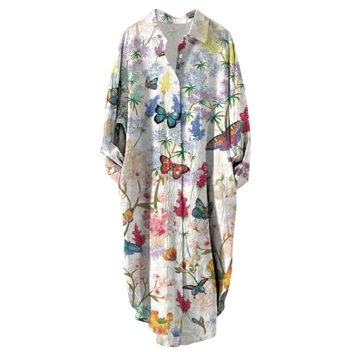 Ydsxlp Blusekleid Damen Große Größen Shirtkleid Sommer Blumen Drucken Langarm Midi Kleider Casual V-Ausschnitt mit Knöpfen Revers Hemdkleid Bequeme Locker Freizeitkleider(K Weiß,XL) von Ydsxlp