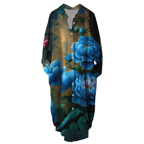Ydsxlp Blusekleid Damen Große Größen Shirtkleid Sommer Blumen Drucken Langarm Midi Kleider Casual V-Ausschnitt mit Knöpfen Revers Hemdkleid Bequeme Locker Freizeitkleider(L Blau,3XL) von Ydsxlp