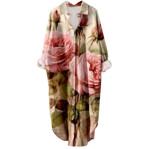 Ydsxlp Blusekleid Damen Oversize Locker Midikleid Vintage Drucken Langarm Knöpfen Tunikakleider Casual V-Ausschnitt Revers Shirtkleid Hemdkleid Aufrollbaren Ärmeln Freizeitkleider(C f-1,XL) von Ydsxlp