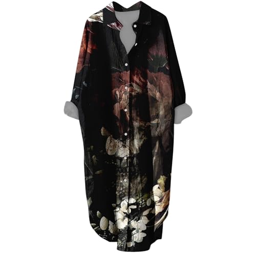 Ydsxlp Blusekleid Damen Oversize Locker Midikleid Vintage Drucken Langarm Knöpfen Tunikakleider Casual V-Ausschnitt Revers Shirtkleid Hemdkleid Aufrollbaren Ärmeln Freizeitkleider(G Schwarz,5XL) von Ydsxlp