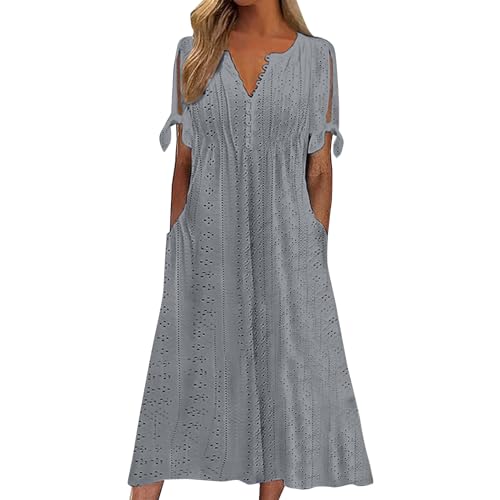 Ydsxlp Blusenkleid Damen Große Größen Sommer Elegant Einfarbig Sommerkleid Casual V-Ausschnitt Lange Shirtkleid Kurzarm Cut Outs T-Shirt Kleid Freizeitkleid Locker A-Linie Kleider(A Grau,3XL) von Ydsxlp