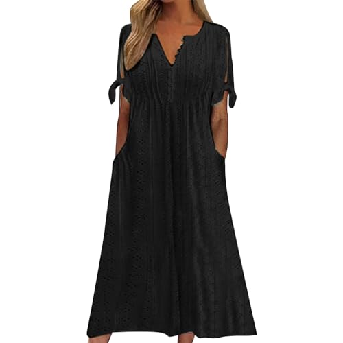 Ydsxlp Blusenkleid Damen Große Größen Sommer Elegant Einfarbig Sommerkleid Casual V-Ausschnitt Lange Shirtkleid Kurzarm Cut Outs T-Shirt Kleid Freizeitkleid Locker A-Linie Kleider(A Schwarz,S) von Ydsxlp