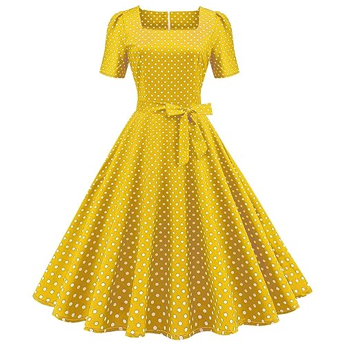 Ydsxlp Cocktailkleid Damen 50er Jahre Vintage Kurzarm Rundhals Abendkleider Polka Dot Swing Festlich Knielang Kleid Rockabilly Kleider Festlich Partykleid Knielang A-Line Petticoat(AB-Gelb,XXL) von Ydsxlp
