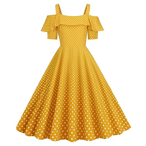 Ydsxlp Cocktailkleid Damen 50er Jahre Vintage Kurzarm Rundhals Abendkleider Polka Dot Swing Festlich Knielang Kleid Rockabilly Kleider Festlich Partykleid Knielang A-Line Petticoat(AC-Gelb,XXL) von Ydsxlp