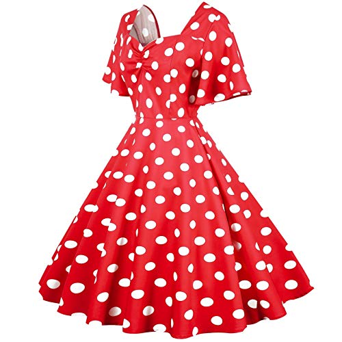 Ydsxlp Cocktailkleid Damen 50er Jahre Vintage Kurzarm Rundhals Abendkleider Polka Dot Swing Festlich Knielang Kleid Rockabilly Kleider Festlich Partykleid Knielang A-Line Petticoat(AE-Rot,L) von Ydsxlp