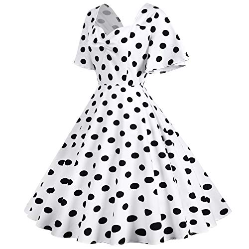 Ydsxlp Cocktailkleid Damen 50er Jahre Vintage Kurzarm Rundhals Abendkleider Polka Dot Swing Festlich Knielang Kleid Rockabilly Kleider Festlich Partykleid Knielang A-Line Petticoat(AE-Weiß,M) von Ydsxlp