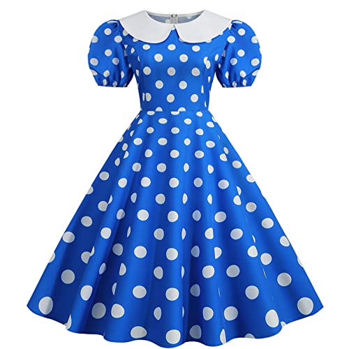 Ydsxlp Cocktailkleid Damen 50er Jahre Vintage Kurzarm Rundhals Abendkleider Polka Dot Swing Festlich Knielang Kleid Rockabilly Kleider Festlich Partykleid Knielang A-Line Petticoat(AG-Blau,L) von Ydsxlp
