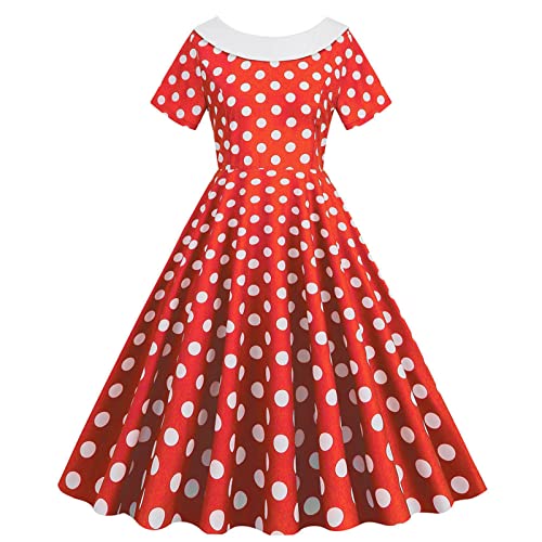 Ydsxlp Cocktailkleid Damen 50er Jahre Vintage Kurzarm Rundhals Abendkleider Polka Dot Swing Festlich Knielang Kleid Rockabilly Kleider Festlich Partykleid Knielang A-Line Petticoat(AI-Rot,M) von Ydsxlp